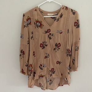 Blu Pepper Dress Shirt Blouse Small Tan Brown 3/4 Length Sleeve